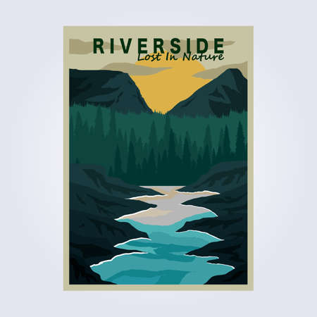 peak riverside mountain vintage poster vector classic illustration design water flow raftingのイラスト素材