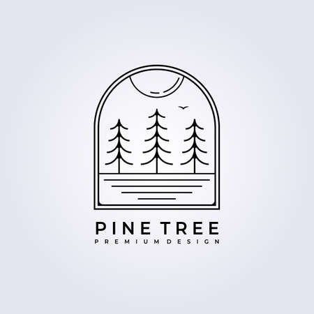 sunset forest pine tree logo vector illustration design line art simple badge landscape lake forestのイラスト素材