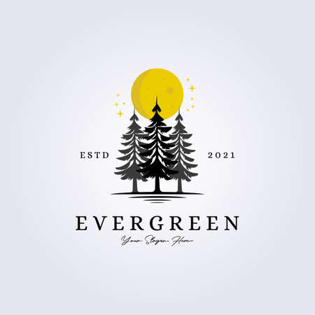 evergreen, woodland, adventure forest logo lake riverside creekside vector illustration silhouette vintage symbol designのイラスト素材