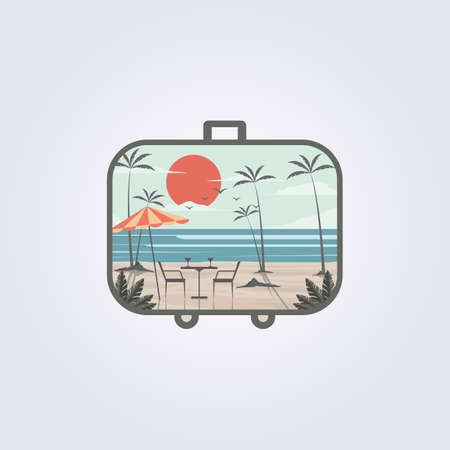 Travel suitcase creative beach vintage retro poster, beach theme in suitcase frame, beach travel logo vector illustrationのイラスト素材