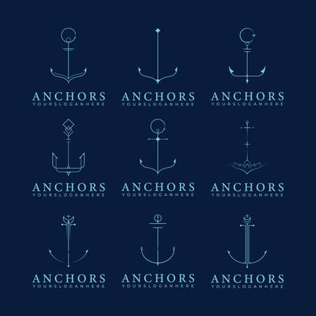 bundle and set of nautical anchor logo simple line art vector illustration design, variation of creative anchor icon symbolのイラスト素材