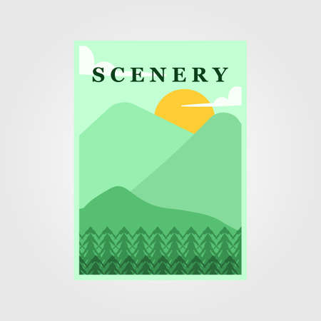 flat watercolor scenery or landscape outdoor mountain poster illustration vector graphic designのイラスト素材