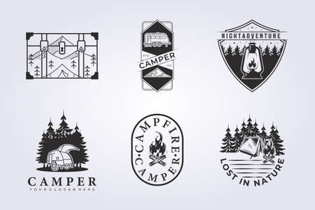 set of camper van badges vector illustration design for logo, print, apparel, shirt, patch, tee, icon, label. various of collection bundle camp icon with vintage styleのイラスト素材