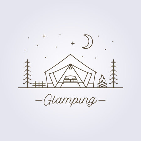 campsite with glamping tent in nature logo line art vector illustration designのイラスト素材