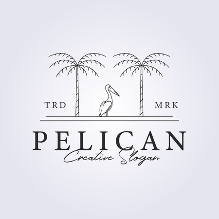 a pelican standing between the palm trees line art logo vector illustration designのイラスト素材