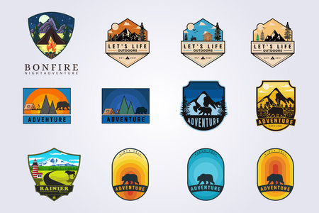 bundle of mountain camping adventure outdoor bear vector logo set illustration design badgeのイラスト素材