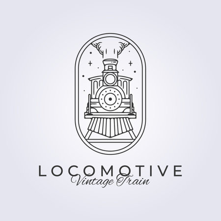 badge of vintage locomotive line art vector logo illustration design template icon retro train in the nightのイラスト素材