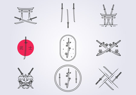 set bundled katana samurai iconic symbol logo vector illustration designのイラスト素材