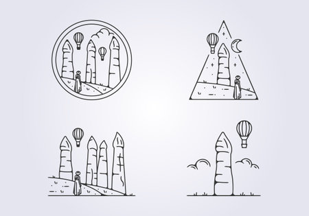 set of cappadocia logo outline vector illustration design, bundle of goreme cape town iconic symbolのイラスト素材