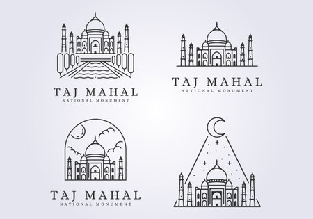 set of taj mahal line art illustration icon logo vector design, famous place in indiaのイラスト素材