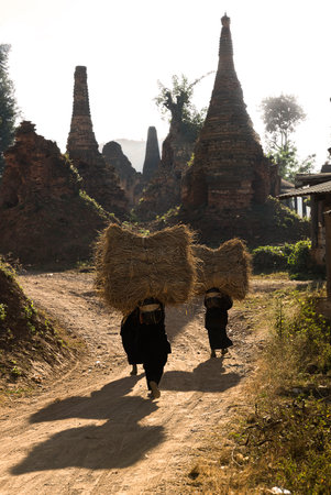 Women carrying hay in front of abandoned stupasのeditorial素材