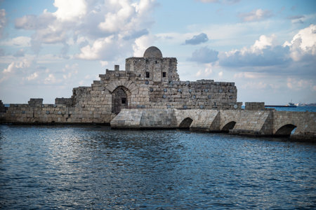 Crusaders Sea Castle detail at the seacoast of Sidon Saida in South Lebanon Middle eastのeditorial素材