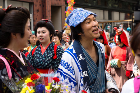 Tokyo, Japan - September 24 2017: Edo Costumed persons are talking with visitors during parade at Shinagawa Shukuba Matsuri festivalのeditorial素材