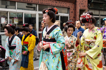 Tokyo, Japan - September 24 2017: Women with colourful Geishas costumes at the parade of Shinagawa Shukuba Matsuri festivalのeditorial素材