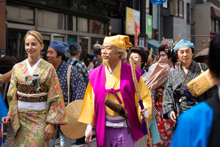 Tokyo, Japan - September 24 2017: International participants in traditional Edo clothing in the parade of Shinagawa Shukuba Matsuri festivalのeditorial素材