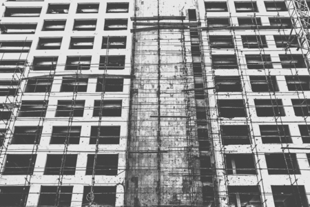 Framework on a building with bullet holes in black and white in Beirut, Lebanonの写真素材