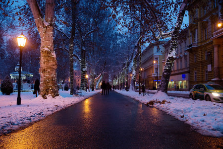Zagreb, Croatia: January 6 2016: Footpath with decorated lightening trees and walkers in Zrinjevac Park in Zagreb at night in winter with snowのeditorial素材