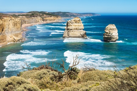 Two of Twelve Apostels overlooking greenbush at the Great Ocean Road, Victoria, Australiaの写真素材