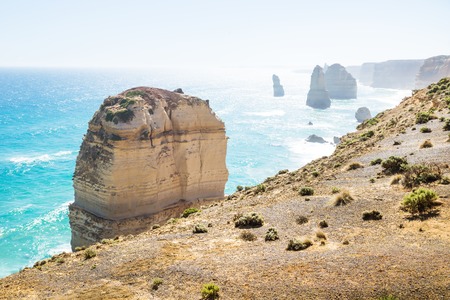 Behind the cliffs at Twelve Apostels overlooking the sea at the Great Ocean Road, Victoria, Australiaの写真素材