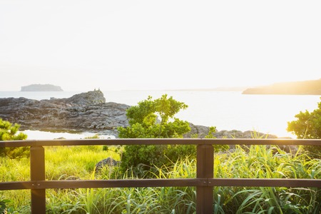 People sitting on cliff watching sunset behind grassland at Seogwipo, Jeju Island, South Koreaの写真素材