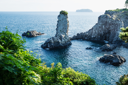 Rock formation Oedolgae in dark blue ocean with green efeu at the cliffs at Seogwipo, Jeju Island, Koreaの写真素材