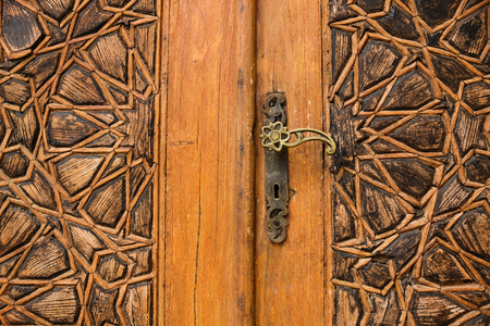 Detail of a wooden door with arab ornaments at Emir Bachir Chahabi Palace Beit ed-Dine in mount Lebanon Middle east, Lebanonの写真素材