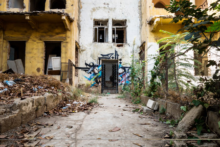 Beirut, Lebanon - October 1 2015: Ruins of a traditional lebanese house with colourful graffitiのeditorial素材