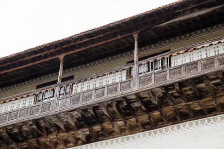 Wooden carved balcony with flower carvings in La Orotava, Tenerife, Spainの写真素材