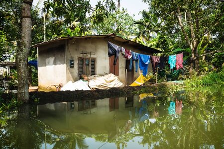 House with laundy in the Kerala backwaters in the lush jungle along the canal with bright reflections, Alappuzha - Alleppey, Indiaの写真素材