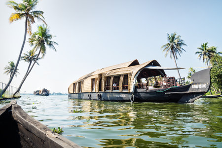Alleppey - Alappuzha, India - 13 November 2017: Line of house boats on the river of the Kerala backwaters with tropical palm treesのeditorial素材