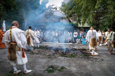 Tokyo, Japan - September 24 2017: Fire walk ceremony with monks at Honsen-ji temple during Shinagawa Shukuba Matsuri Festivalのeditorial素材