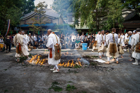 Tokyo, Japan - September 24 2017: Fire walk ceremony with monks and scpectors at Honsen-ji temple during Shinagawa Shukuba Matsuri Festivalのeditorial素材