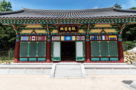 Temple of the peace bell with UN flag at the entrance at the Korean Demilitarized Zone at the JSA visitor center, Panmunjom South Koreaのeditorial素材