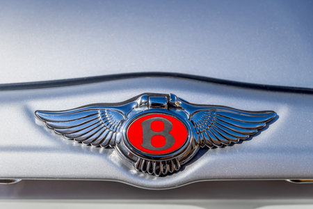 La Nucia, Spain - 14 January 2020: Detail of silver 'Bentley Red Label' logo on back of the car as cover for the lockのeditorial素材