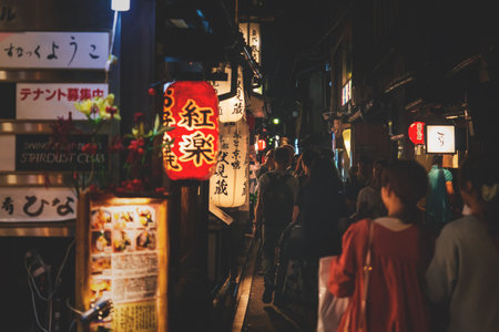 Kyoto, Japan - September 17, 2017: Tourists walking along illuminated restaurants and bars in Pontocho street at night in old townのeditorial素材