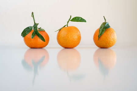 Three fresh ripe tangerines with leaf on white glossy table with reflectionの写真素材