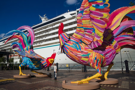 Sydney, Australia - February 16, 2018: Visitor posing in front of huge rooster displays as chinese zodiac sign set up for Chinese lunar new year in front of a cruise ship at Circular Quayのeditorial素材