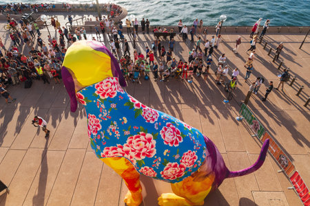 Sydney, Australia - February 16, 2018: Visitors watching huge lantern dog figure in front of the Opera house at Circular quay for chinese new yearのeditorial素材