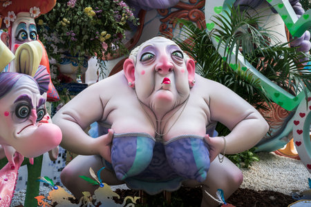 Valencia, Spain - September 4, 2021: Detail of satirical figurine at the sculpture display with the...
