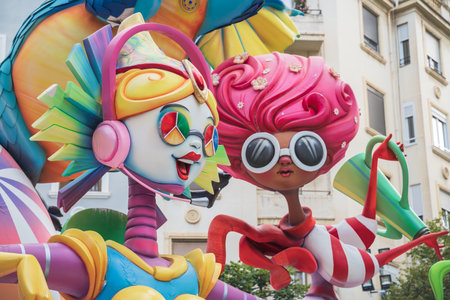 Valencia, Spain - September 4, 2021: Detail of Seventies themed paper mache displays for the...