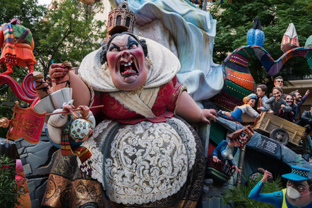 Valencia, Spain - September 4, 2021: Figurines for the national festival Fallas are displaying...