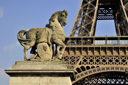 The Eiffel tower - horse sculpture の写真素材