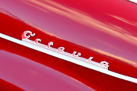 Oldtimer Rallye Tatry - International race, Slovakia -August 2009:Skoda-Oktavia auto badge on the bodywork of a vintage Skoda vehicle.のeditorial素材