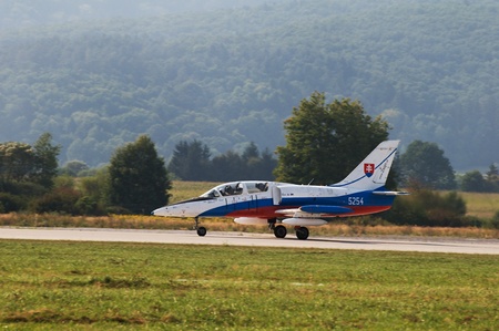 aiport sliac,slovakia august 2011:slovac international air fest siaf 2011-L-39 Albatros  slovak air...