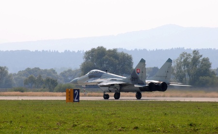 aiport sliac,slovakia august 2011:slovac international air fest siaf 2011-mig-29 slovak air forceのeditorial素材