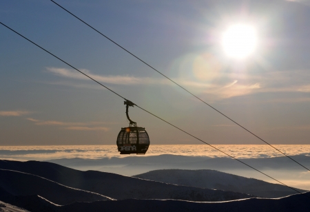 Jasna, Slovakia, Januar 2013:Modern cabin cable car in Slovak ski resort above the clouds clearのeditorial素材