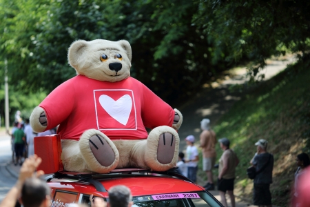 Lyon, France. July 13, 2013. Details of the advertising caravan of the stage 14 of the  famous race  Tour de France 2013.のeditorial素材