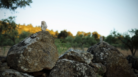 Details of a pebble in balance on rocks.の写真素材