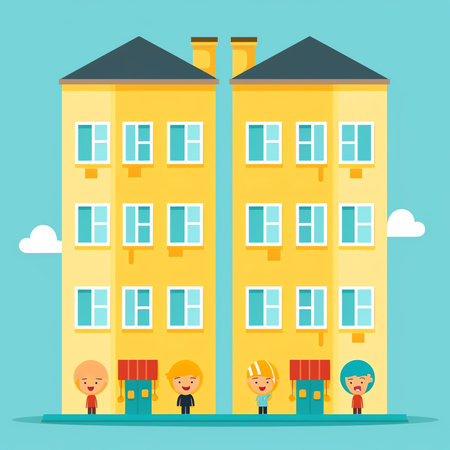 People in front of the house. Flat design. Vector illustration.の素材