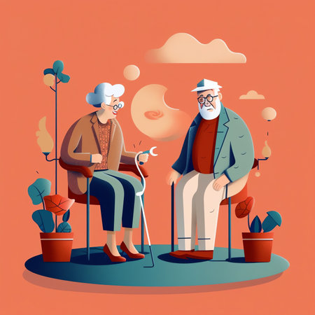 Cute elderly couple is sitting on a bench in a city park. Seniors rest outdoors. Concept of long and happy love and marriage. Vector illustration in a flat style.の素材